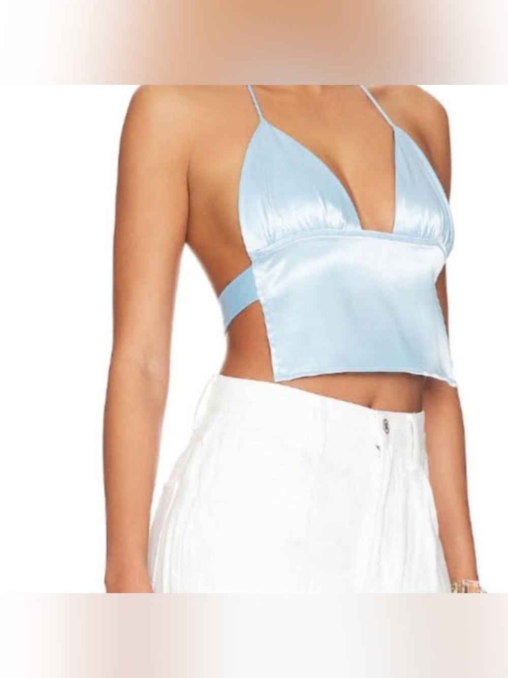 Satin Light Blue Crop Halter Top